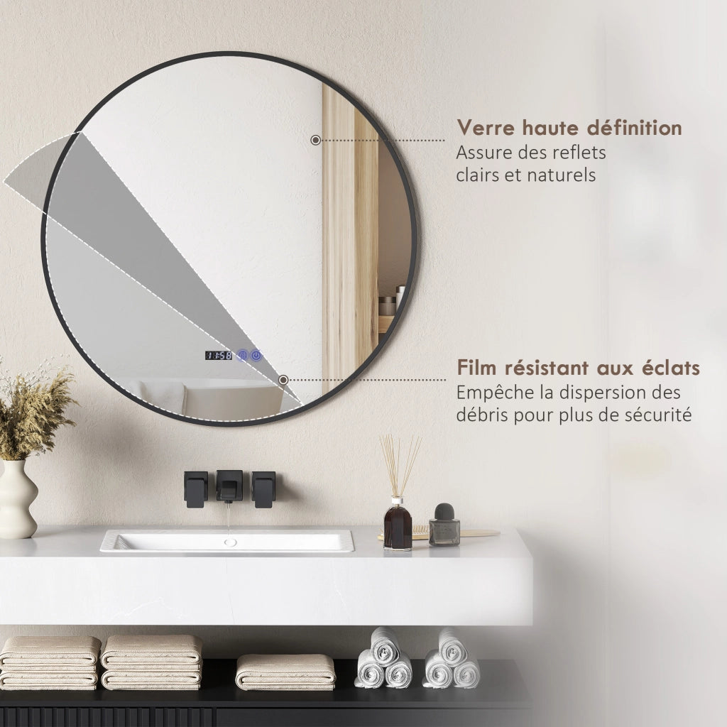 Specchio da Bagno Rotondo con Luce LED ¨C zephmum ¨C Nero, Antifog, Touch
