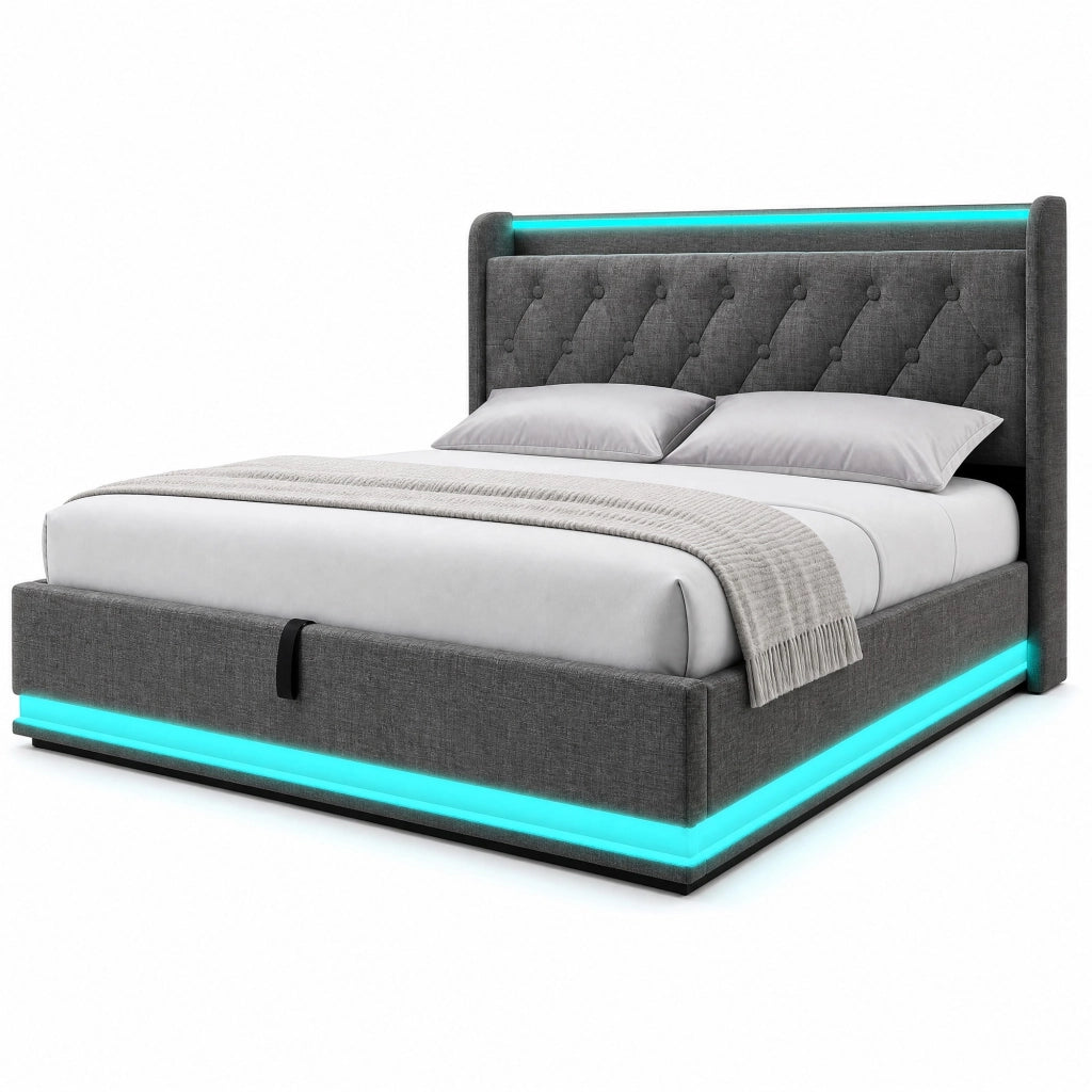 Letto Contenitore 180x200 cm; Letto Matrimoniale - LED; USB e Type-C - in Lino - Grigio