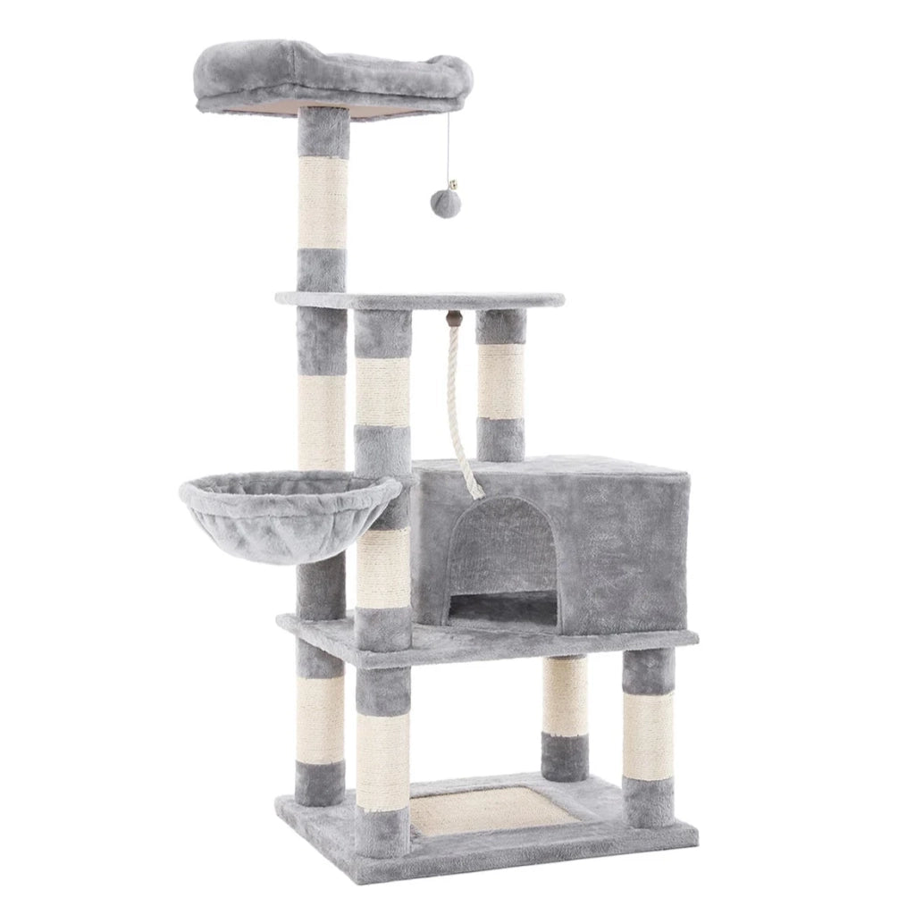Tiragraffi multilivello con grande capacità piattaforma di osservazione amaca tana tronco in sisal base rinforzata altezza 138 cm grigio chiaro 12_0003872