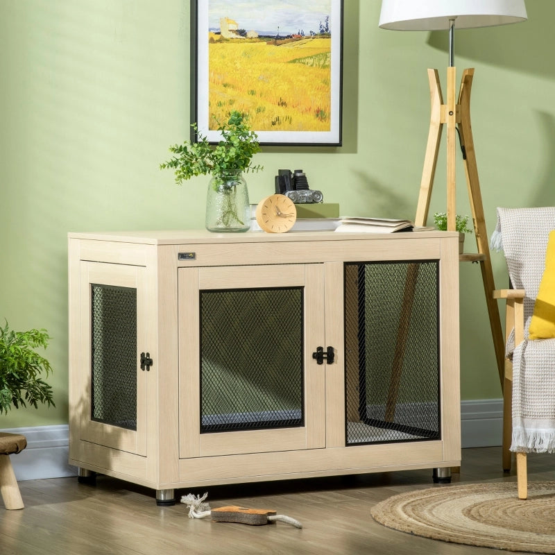 Scaffale box per cani con 2 porte e chiusura, cuscino sfoderabile lavabile, acciaio e truciolare, color oak