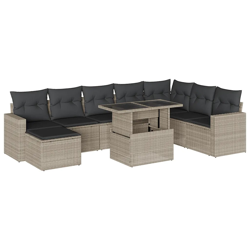 Set Divano da Giardino 9pz con Cuscini Grigio Chiaro Polyrattan