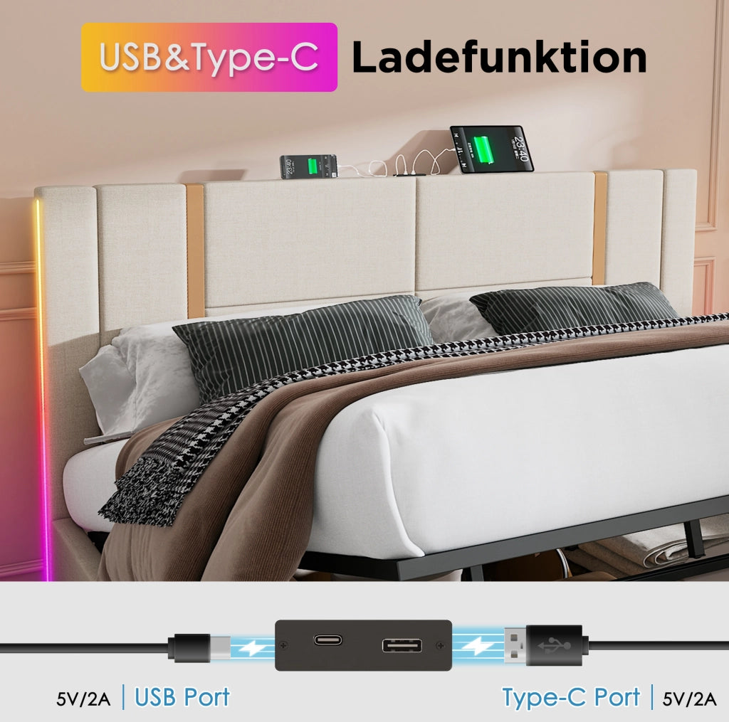 Letto matrimoniale 160x200 cm con contenitore; LED RGB; porte USB e Type-C; beige in lino; con materasso