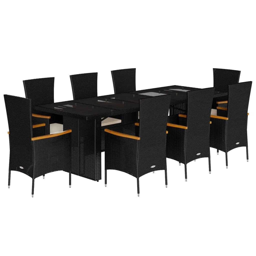 Set da Pranzo da Giardino 9 pz con Cuscini Nero in Polyrattan