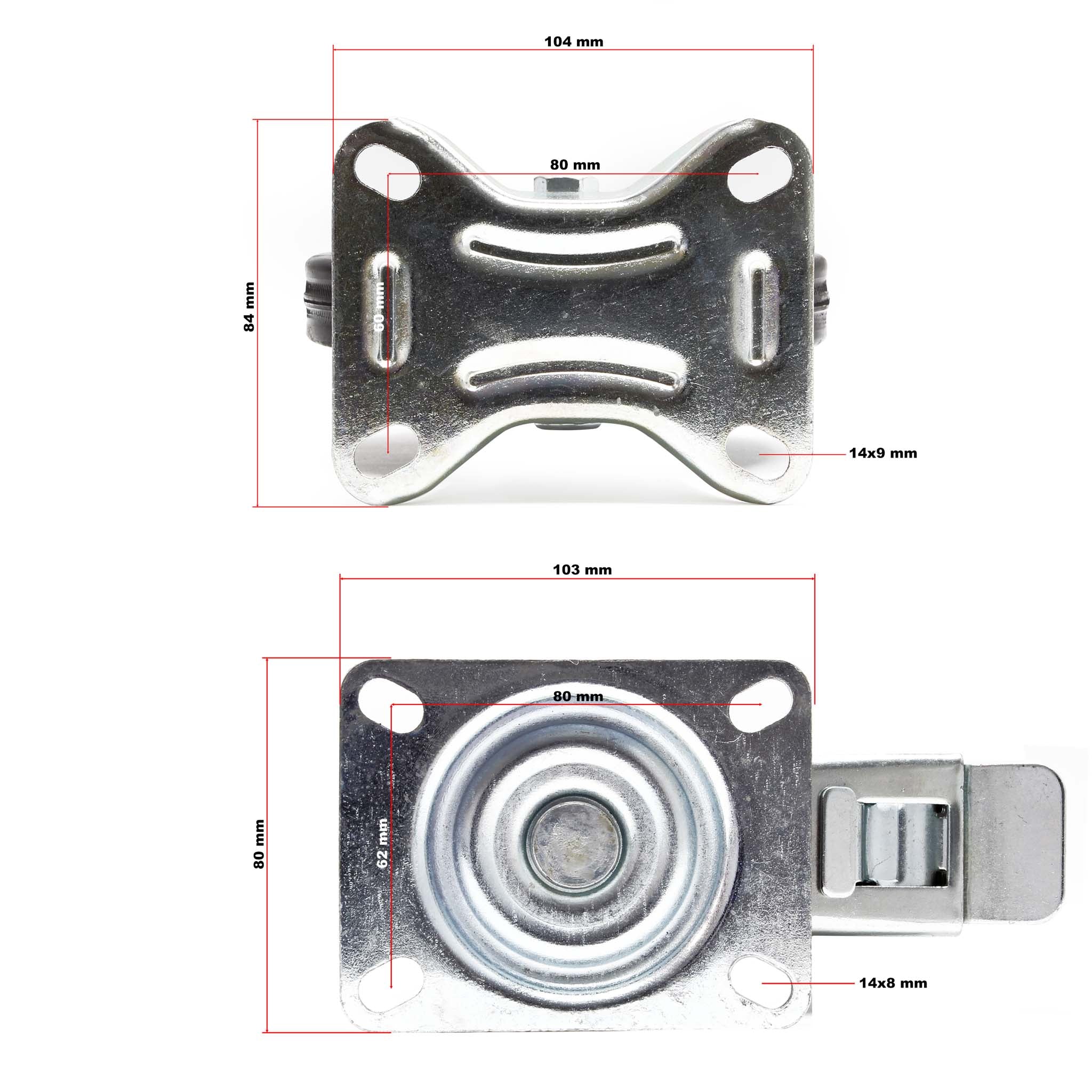 Set rotelle da trasporto 100 mm 2 ruote piroettanti con freno 2 fisse, nucleo in metallo, 70 kg a ruota