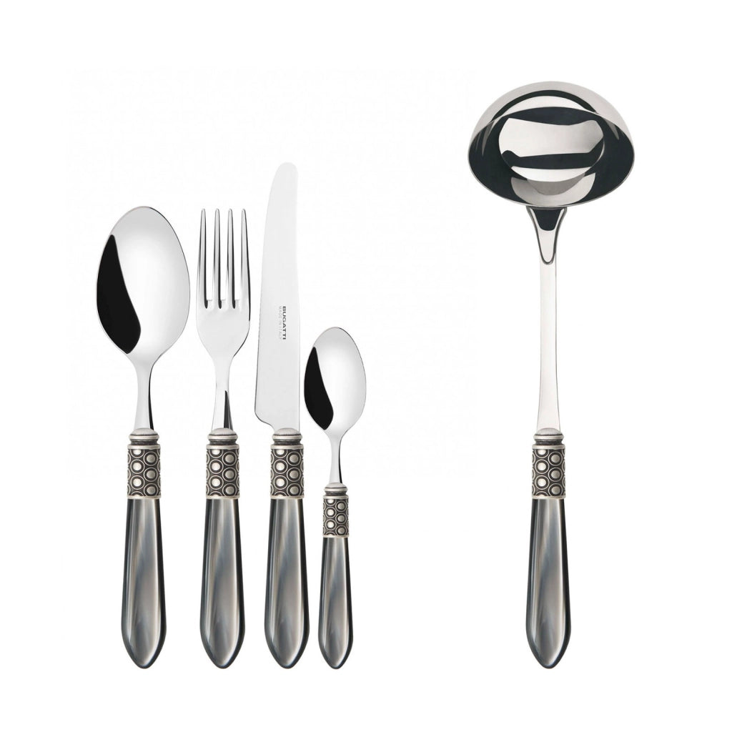 OPTICAL Ghiera Argento Anticato, Posate Set 49 Pz, Scatola Wenge,