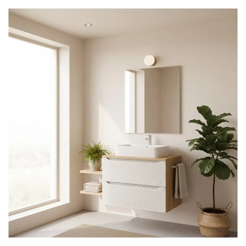 Set da bagno YOKA beige: mobile sottolavabo con cassetti 80 cm + piano per lavabo + lavabo da appoggio