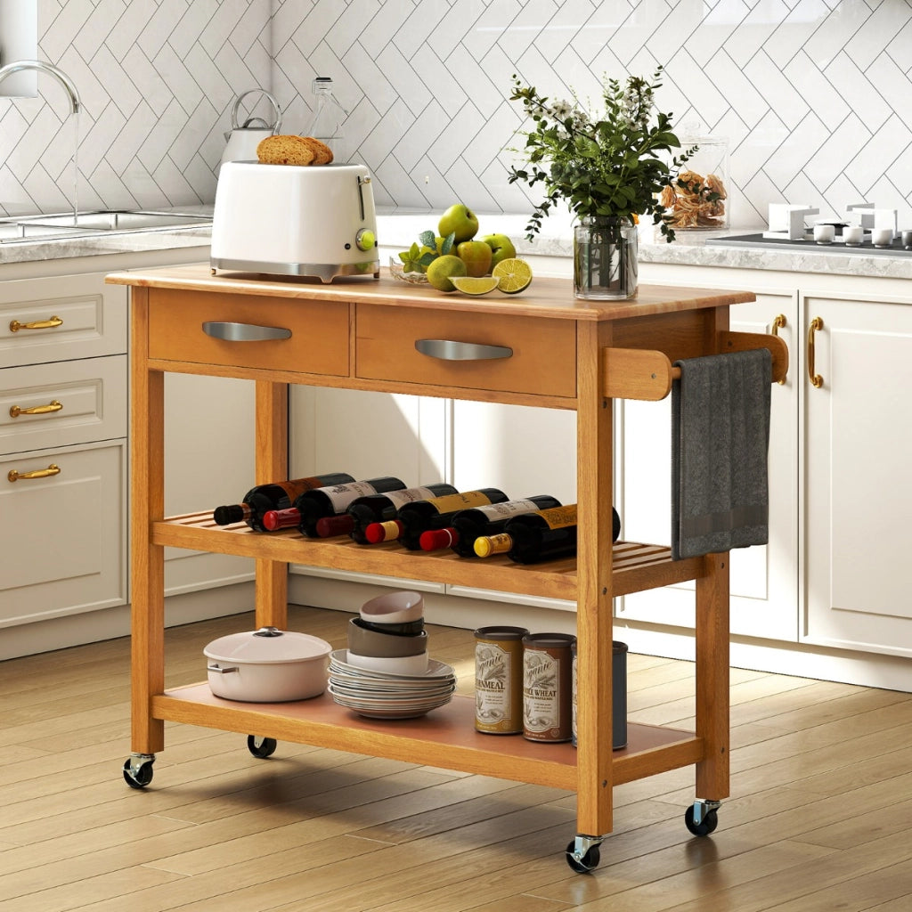 Carrello portautensili a 3 livelli con piano in legno e 2 ripiani aperti, Isola da cucina con spazio di archiviazione Naturale