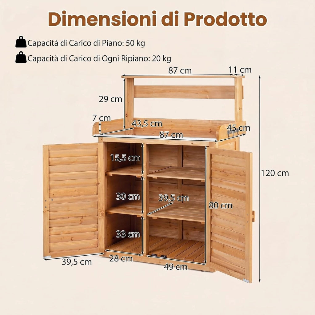 Armadietto da Esterno in Legno a 2 Livelli (Legno) | con Piano in Metallo Zincato, 3 Ganci Appendiabiti, Ripiani Rimovibili e Ante a Doghe, da Giardino, Balcone e Cortile