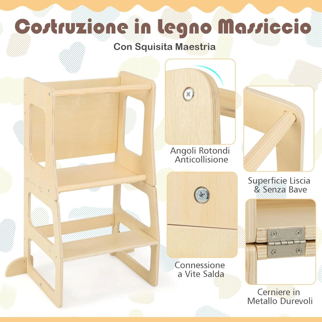 Torre per Bambini 3 in 1, Sgabello Montessori per Bambini con Lavagna, per Bambini 3 Anni +, Capacità di Carico 60 kg, 68 x 40 x 91 cm