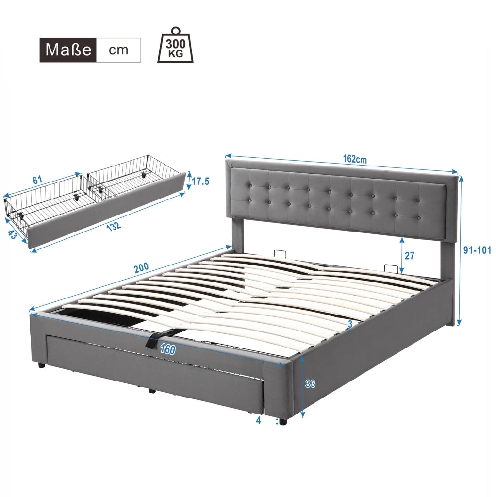 Letto matrimoniale imbottito 160x200 cm in velluto grigio con contenitore e cassetti