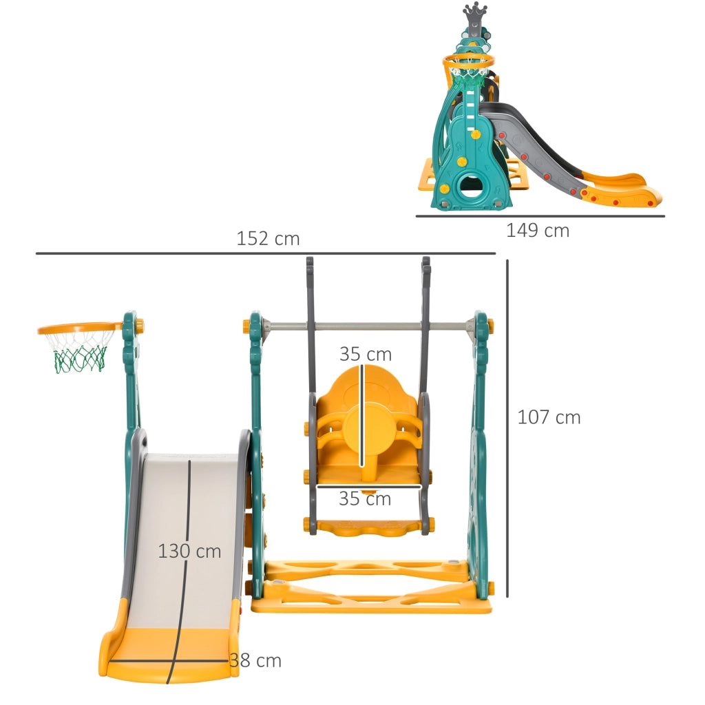 EasyComfort Scivolo 3 in 1 per Bambini con Altalena Regolabile, Canestro e Palle per Cameretta e Giardino, 152x149x107cm, Blu, Grigio, Giallo