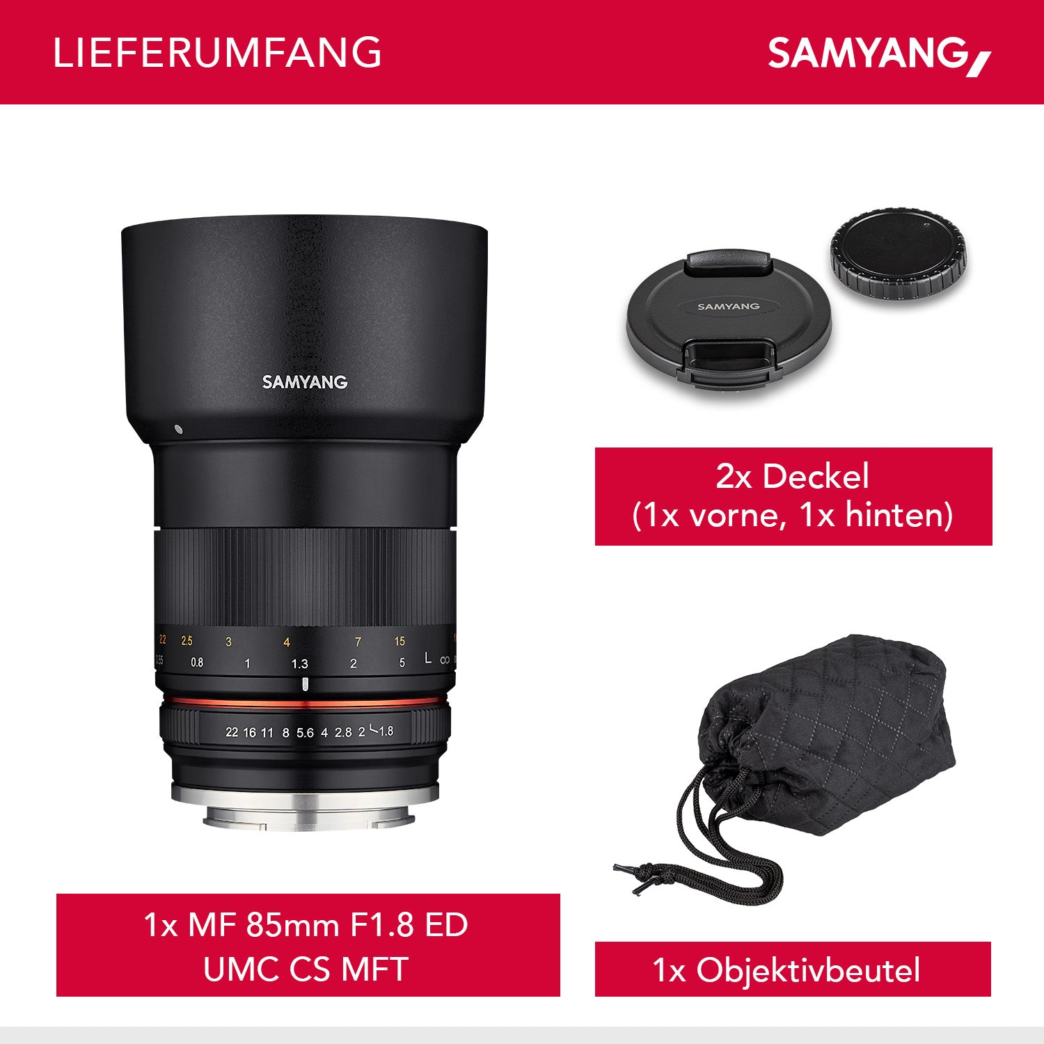 MF 85mm F1.8 ED UMC CS MFT - obiettivo manuale con lunghezza focale fissa di 85 mm per fotocamere con attacco MFT, angolo di campo di 14,7°, filettatura del filtro da 62 mm