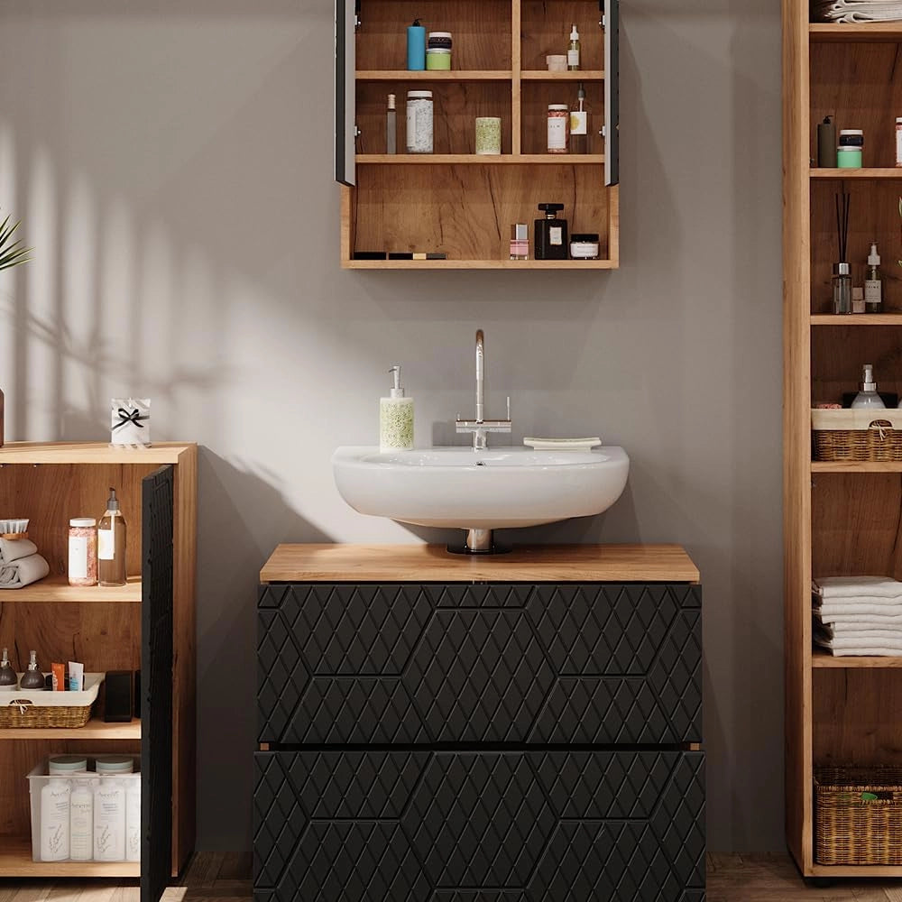 set mobili bagno Irma, Quercia dorata/Antracite, 4 pezzi, con cassettiera e mobile midi