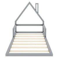 Letto Montessori a Forma di Casetta con Doghe in Legno, Letto per Cameretta per Bambini 4+ Anni, Senza Materasso, 90x200 cm, Grigio