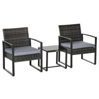 Set da Giardino in Rattan 3 pezzi, 2 Poltrone con Cuscino e Tavolino, Grigio