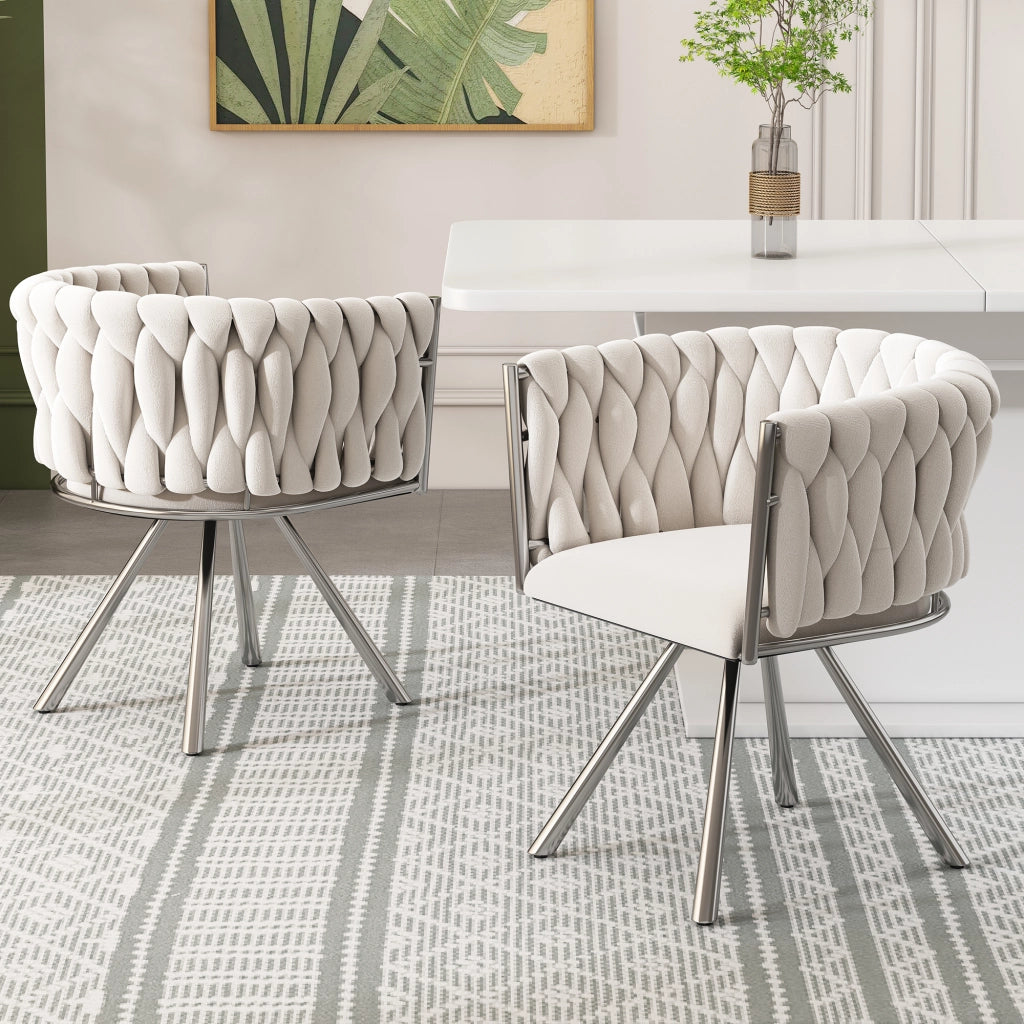 Sedia da pranzo girevole in velluto, set da 2, struttura in acciaio, beige e argento