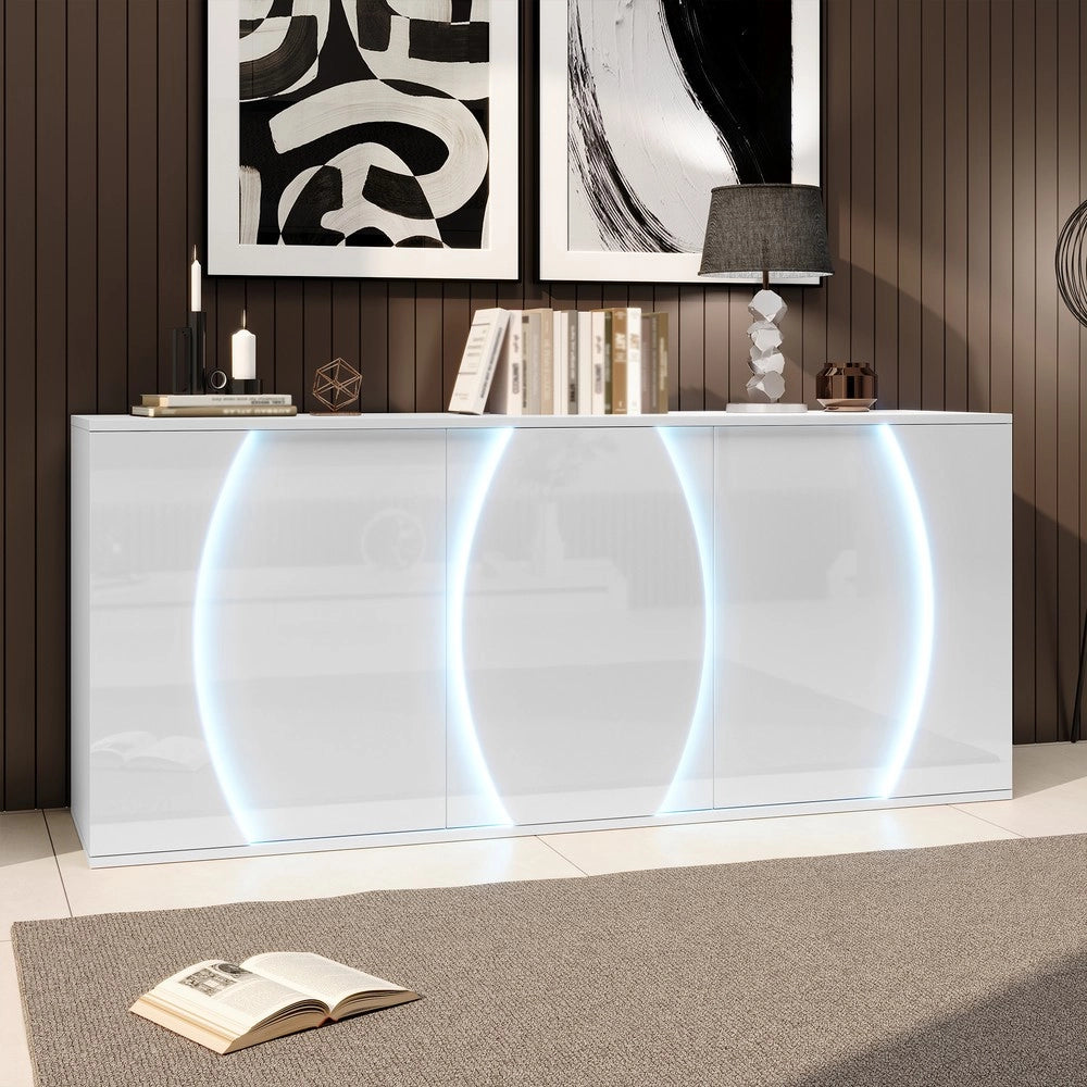 Credenza da Soggiorno con LED ¨C MINIMAL ¨C Bianco Lucido, Truciolato, 3 Ante, 150x40x70 cm