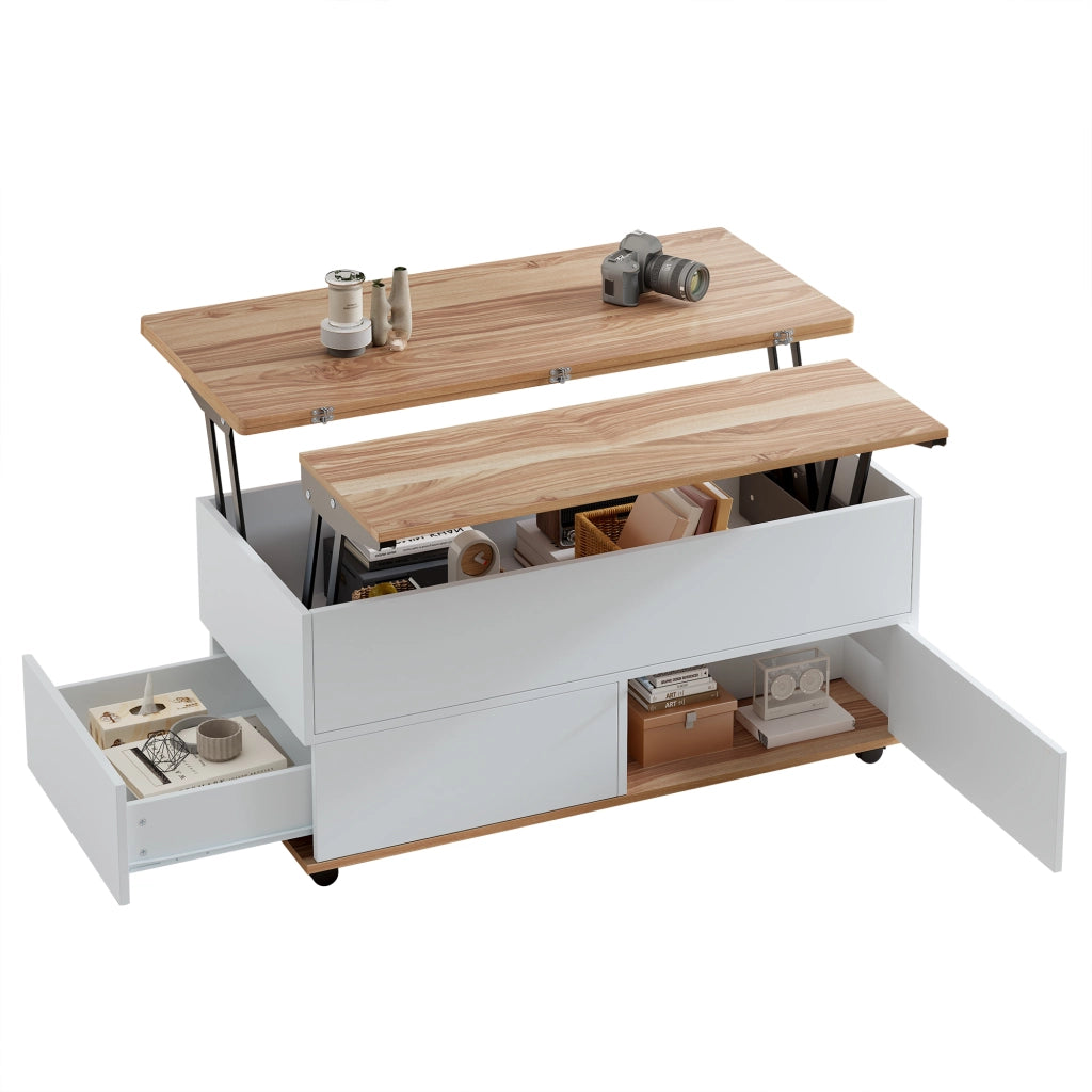 TAVOLO DA CAFFÈ Sollevabile 100 x 98 x 65 cm Bianco e Effetto Legno con Ruote