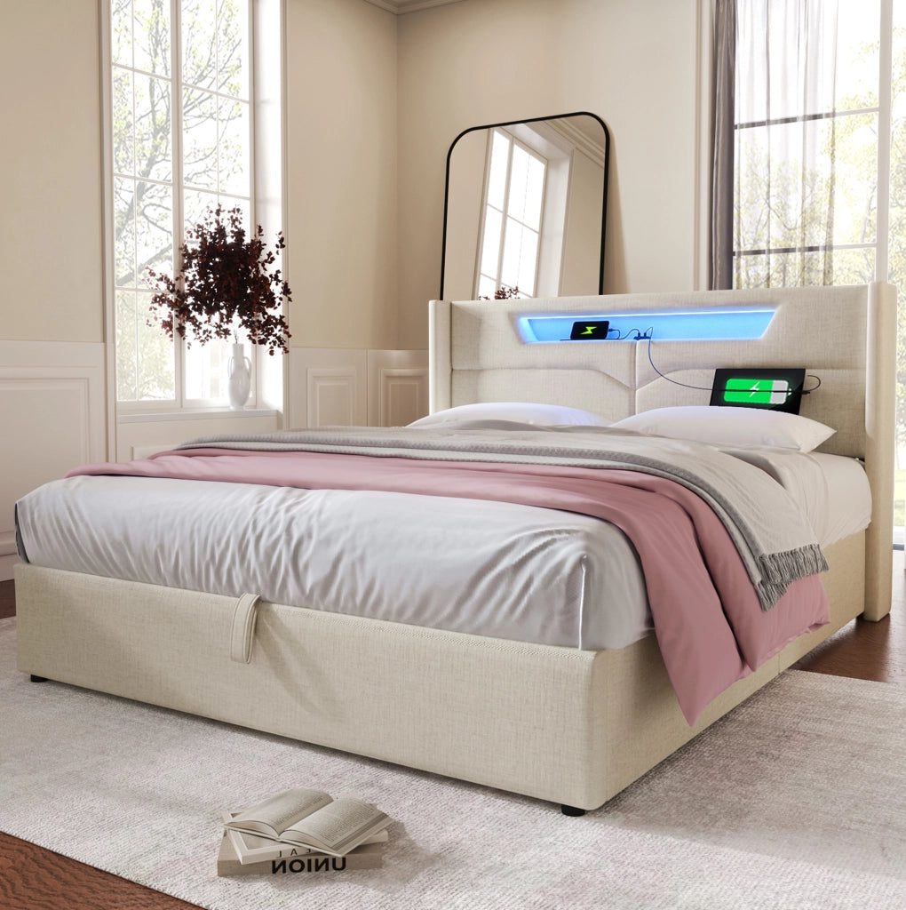 Letto matrimoniale 160x200 cm con LED; USB e Type-C; in tessuto beige