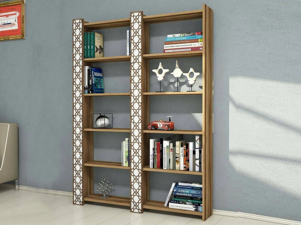 Libreria Vele, Scaffale da ufficio, Mobile portalibri, Biblioteca, 125x24h170 cm, Noce e Bianco
