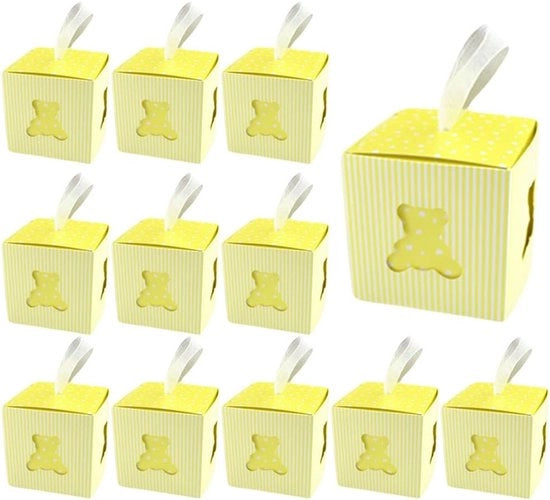 Scatola di regalo per compleanni, battesimi, cresime, matrimoni con striscia di organza bianca per 50 pacchi (color giallo chiaro)