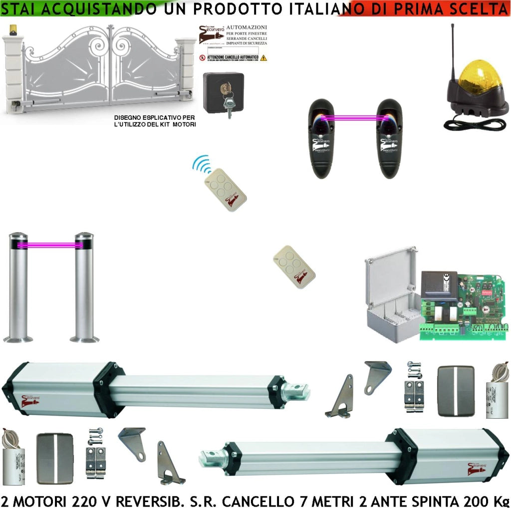Automatismo Cancello da 7 Metri 2 Ante da 3,5 Metri Motori 230 V Stelo Retrattile Reversibile Corsa Stelo 600 mm Spinta 250 Kg Radio 2 Coppie Fotocellule Paline 2 Radiocomandi Faro Antenna Selettore
