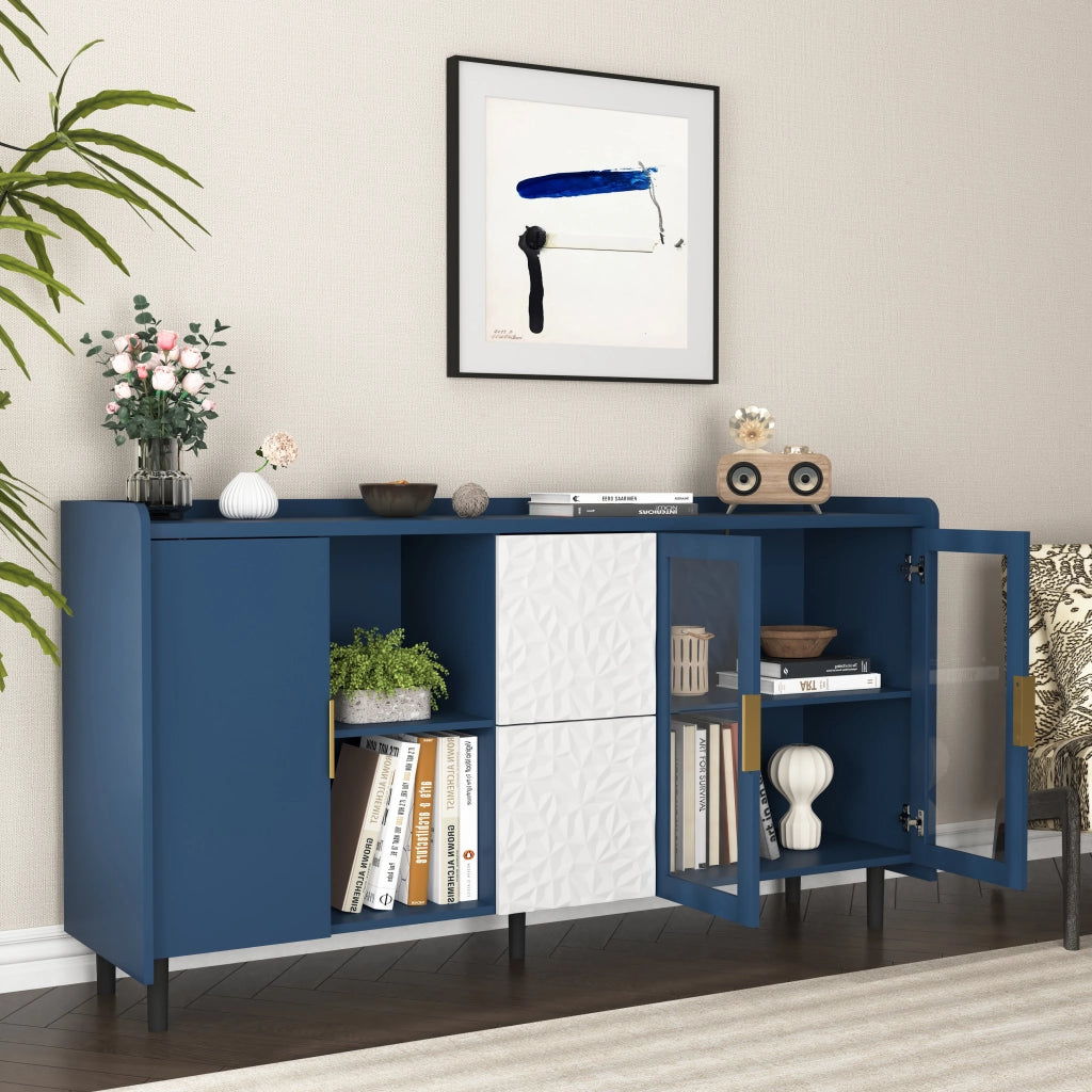 Credenza con 2 Cassetti; 2 Vani a Giorno e 2 Ante in Vetro; Stile Moderno; in MDF; Blu