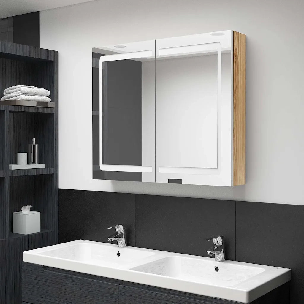 Armadietto Bagno | Armadio da bagno con Specchio e LED Bianco e Rovere 80x12x68 cm