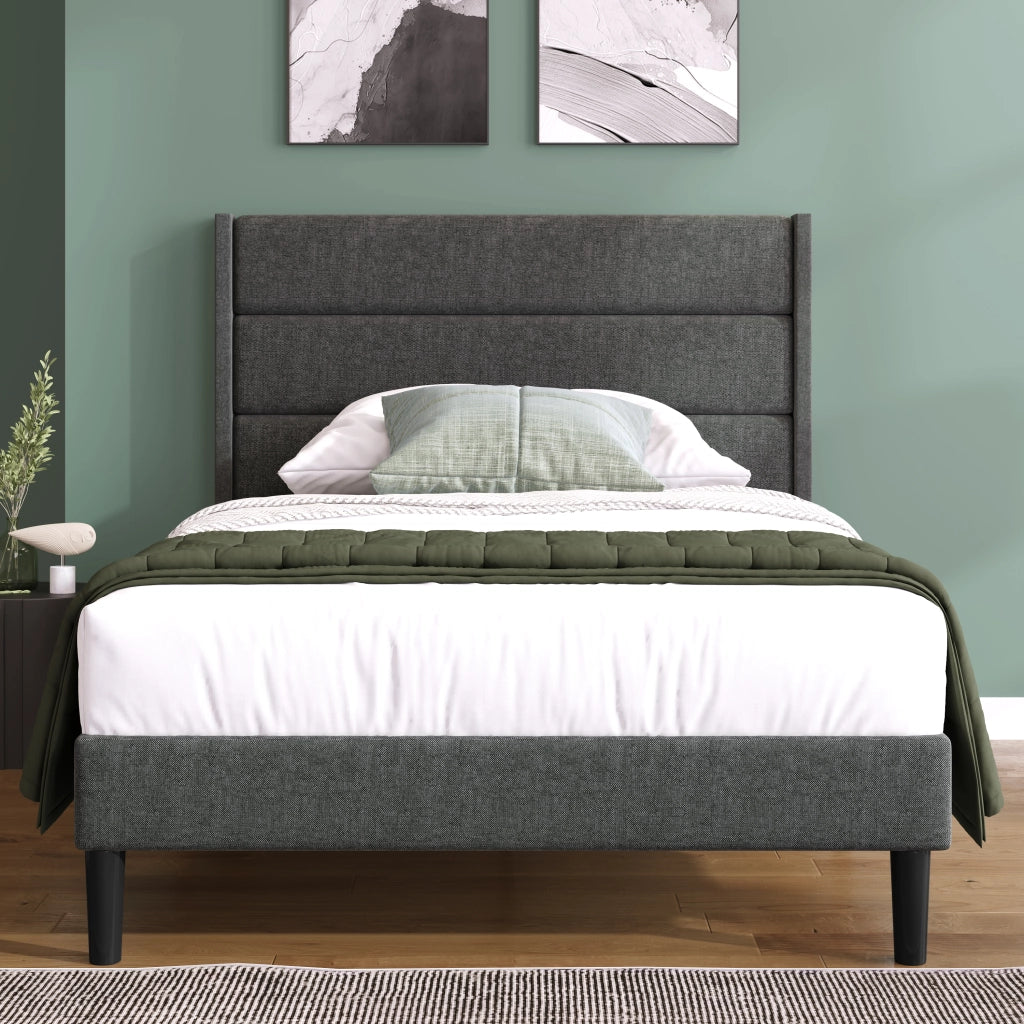 Letto imbottito 90x200 cm con rete e materasso 7 zone, rivestimento in lino grigio scuro, design moderno