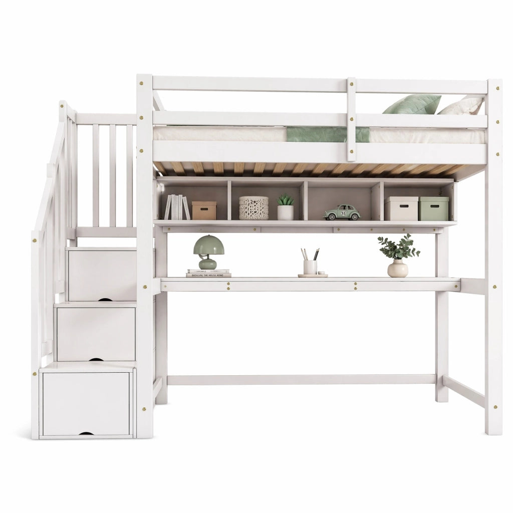 Letto a soppalco per bambini 90x200 cm con scrivania; scala contenitore e ripiani bianco