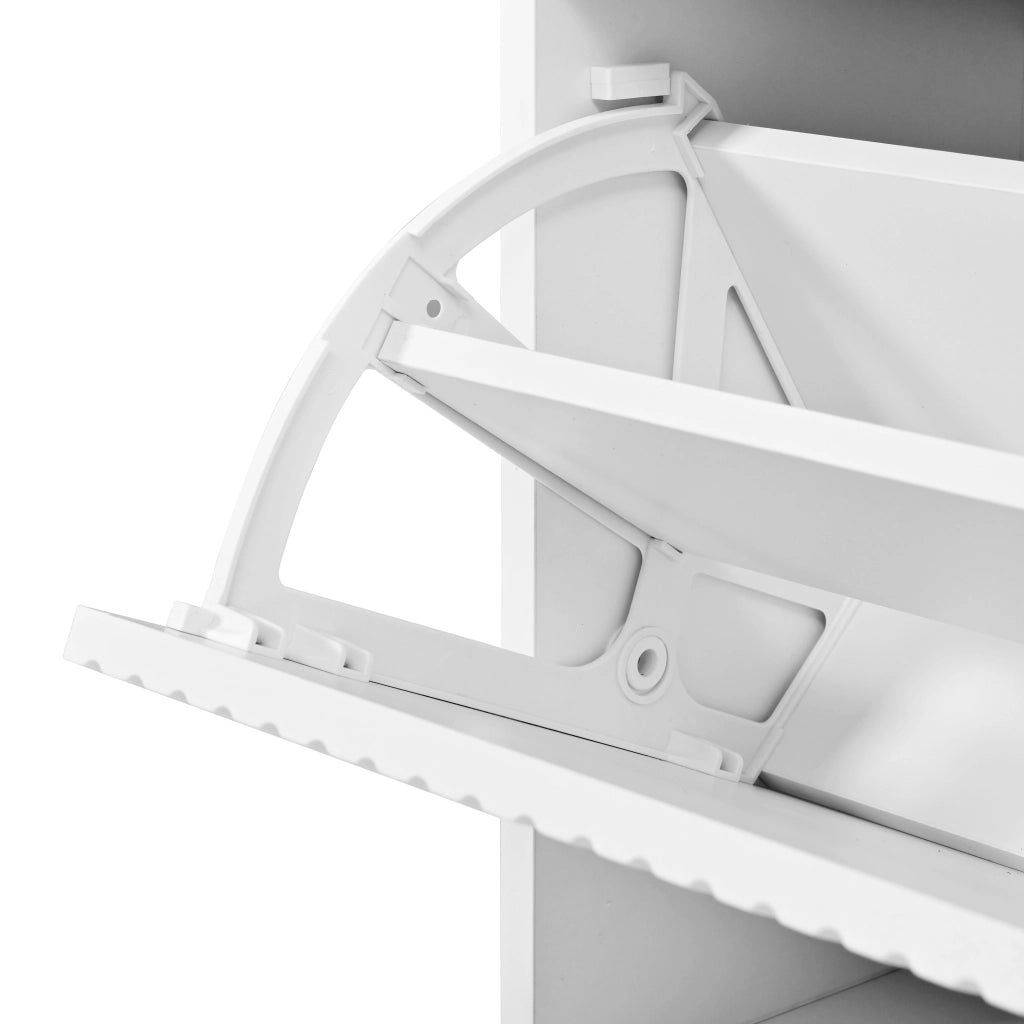 Scarpiera stretta con 1 cassetto e 2 vani ribaltabili, 4 piedi metallici, per ingresso, bianco, 65 × 24 × 104 cm