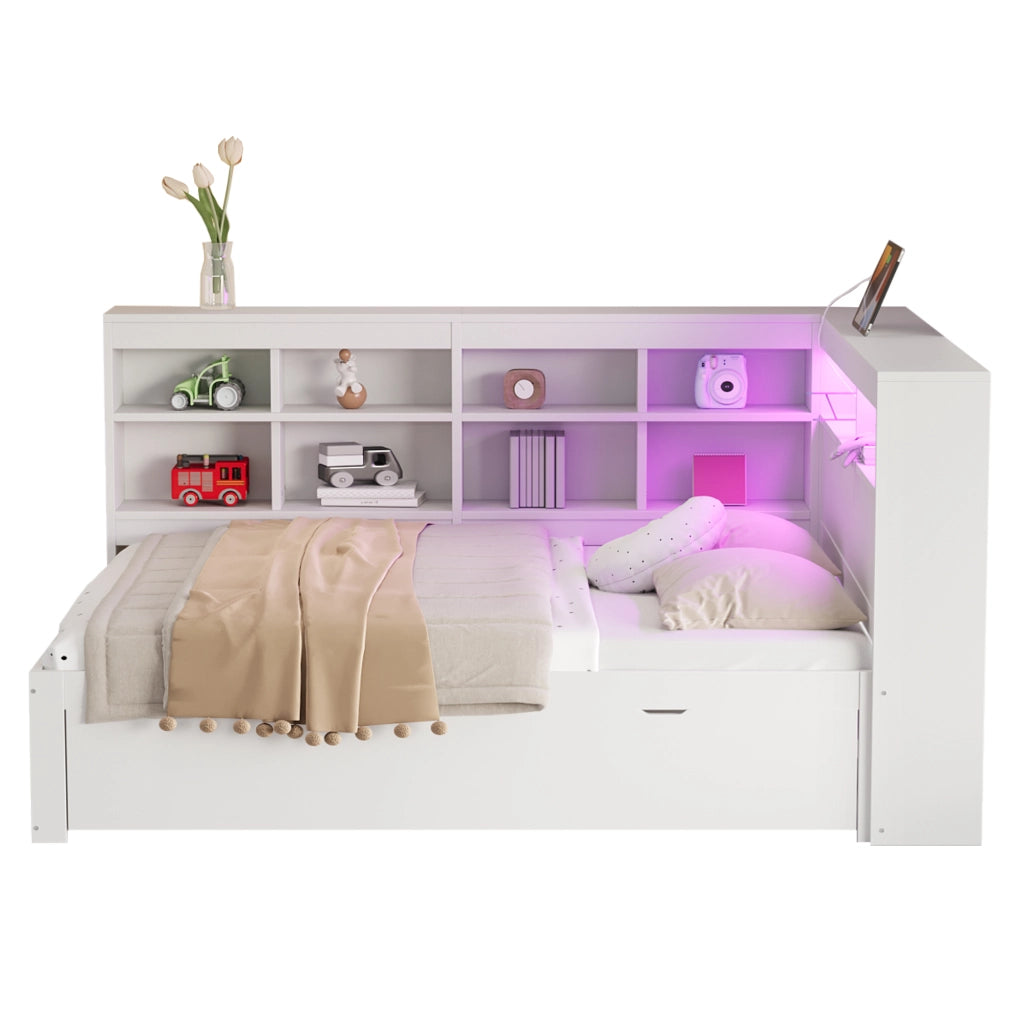 Letto matrimoniale multifunzionale in legno massiccio 140x200 cm con LED, USB e ampio spazio contenitore