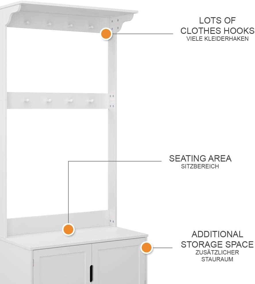 Appendiabiti Lysa, Bianco, 80 x 180 cm con 2 porte, per riporre giacche, scarpe e accessori