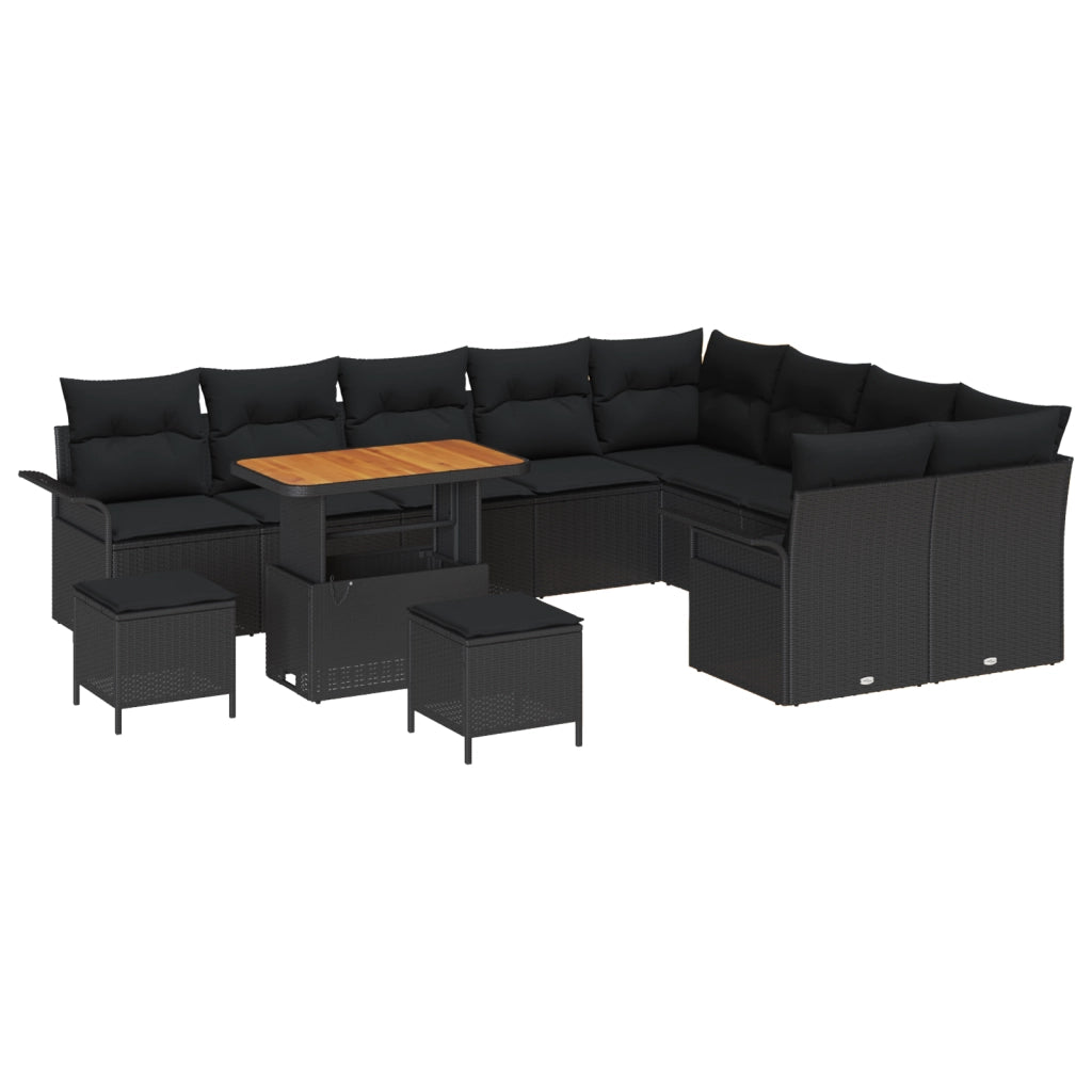 Set Divano da Giardino 12 Pezzi con Cuscini Nero Rattan Polyrattan Acacia