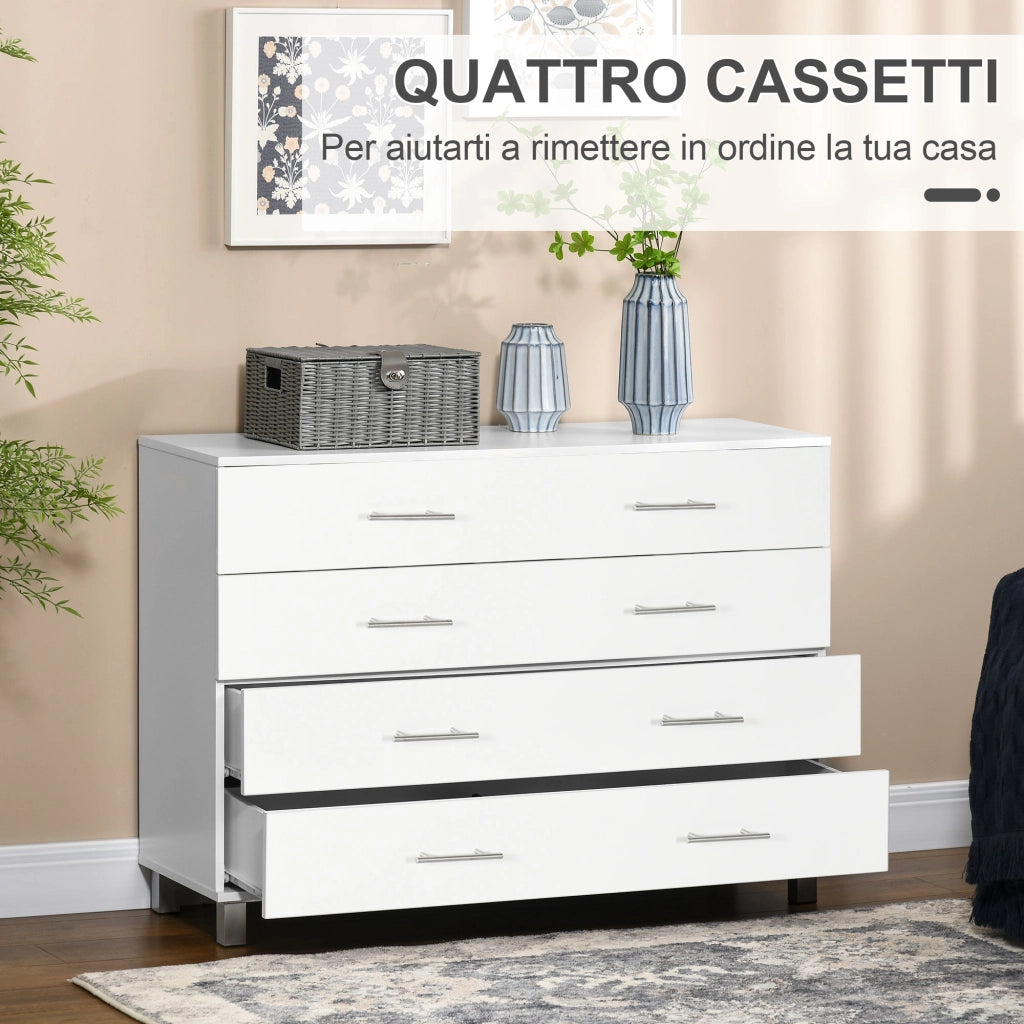 Cassettiera 4 Cassetti 112x38,2x81 cm in Legno con Maniglie in Metallo Bianco