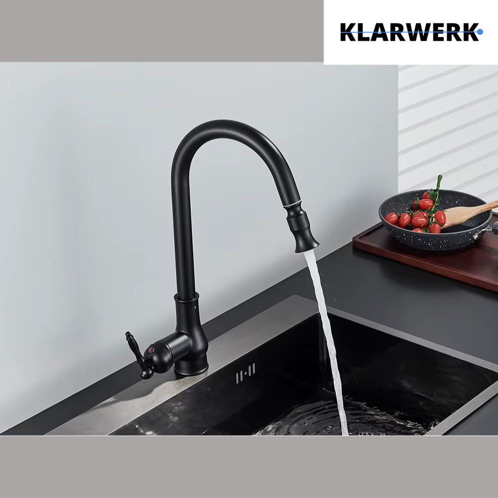 JANA | Rubinetto da cucina estraibile vintage in acciaio inossidabile nero antico | miscelatore arco alto |alta pressione ruotabile a 360° 2 attacchi