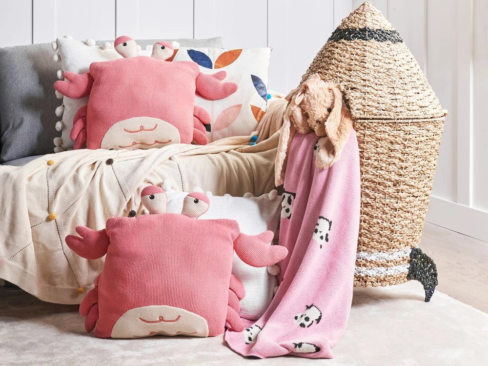 Set di 2 cuscini per bambini Rosa in tessuto di cotone a forma di granchio con imbottitura Morbido giocattolo per bambini