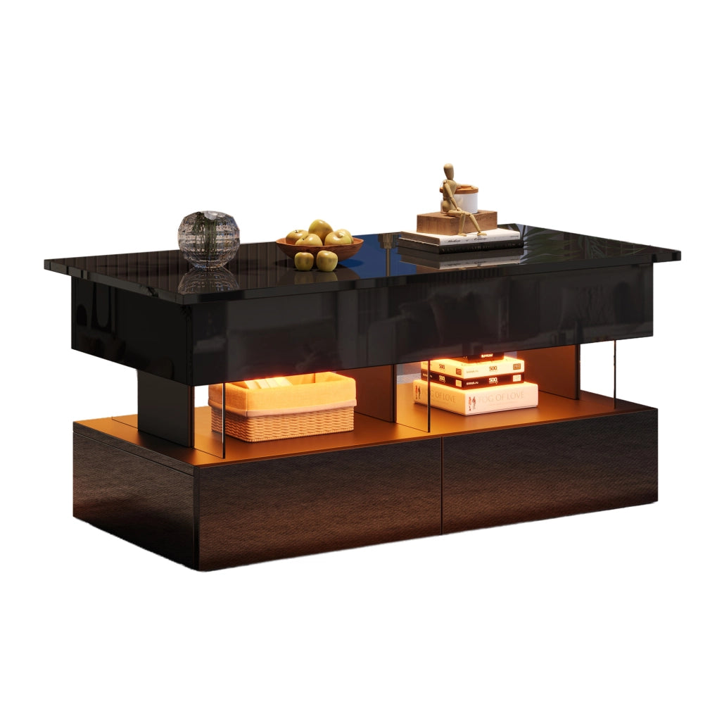 Tavolino da caffè elevabile 100 x 50 x 46 cm nero in MDF con LED e 2 cassetti