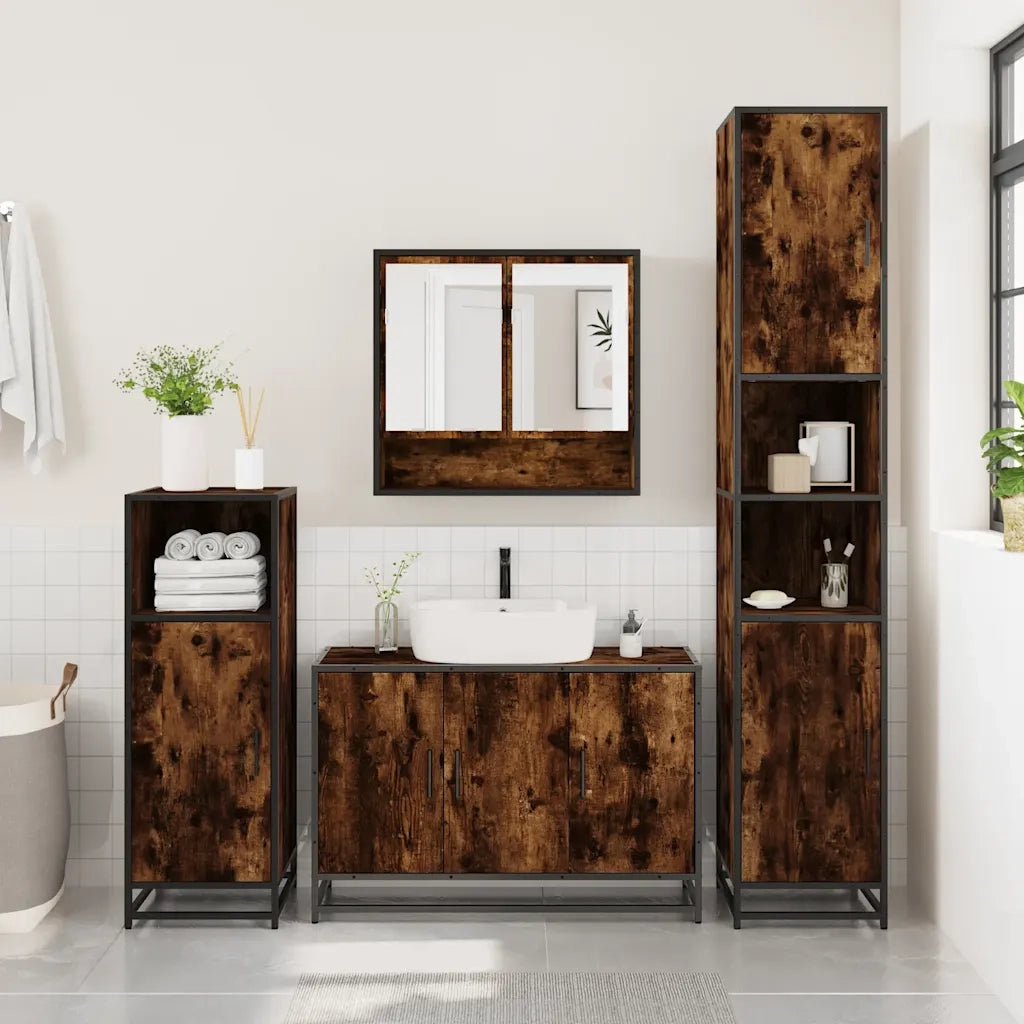 Set Mobili da Bagno | Armadio da bagno 3 pz Rovere Fumo in Legno Multistrato