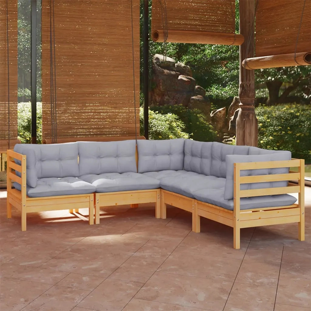 Set Divani da Giardino 5 pz con Cuscini Grigi Massello di Pino 3096670