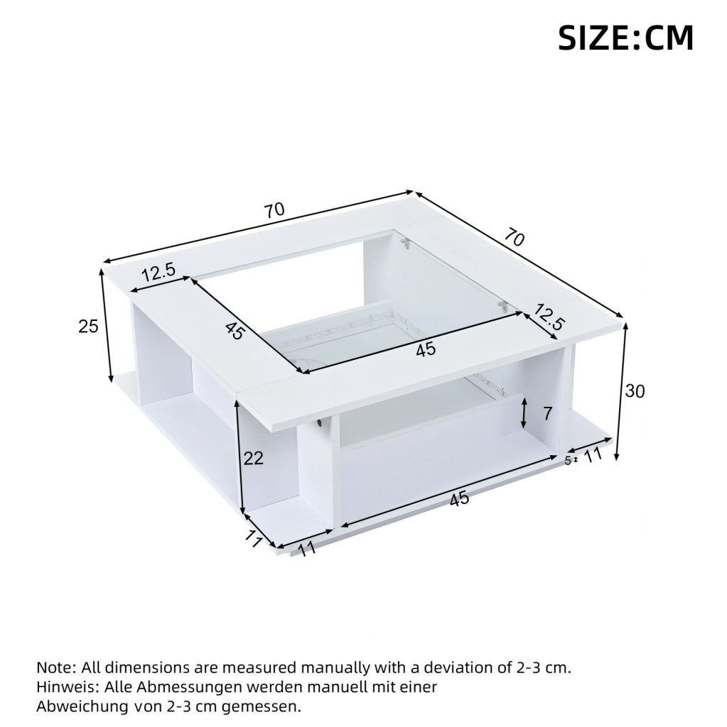 Tavolino da salotto quadrato 70x70x30 cm bianco lucido con piano in vetro e LED