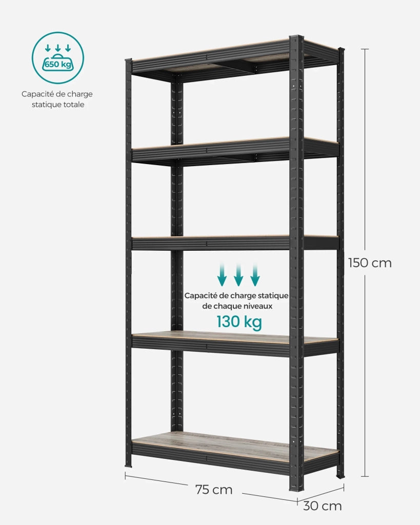 Scaffale robusto a 5 ripiani 150 x 75 x 30 cm portata totale 650 kg (130 kg/ripiano) stile industriale ripiani regolabili per soggiorno/cucina nero 12_0005442