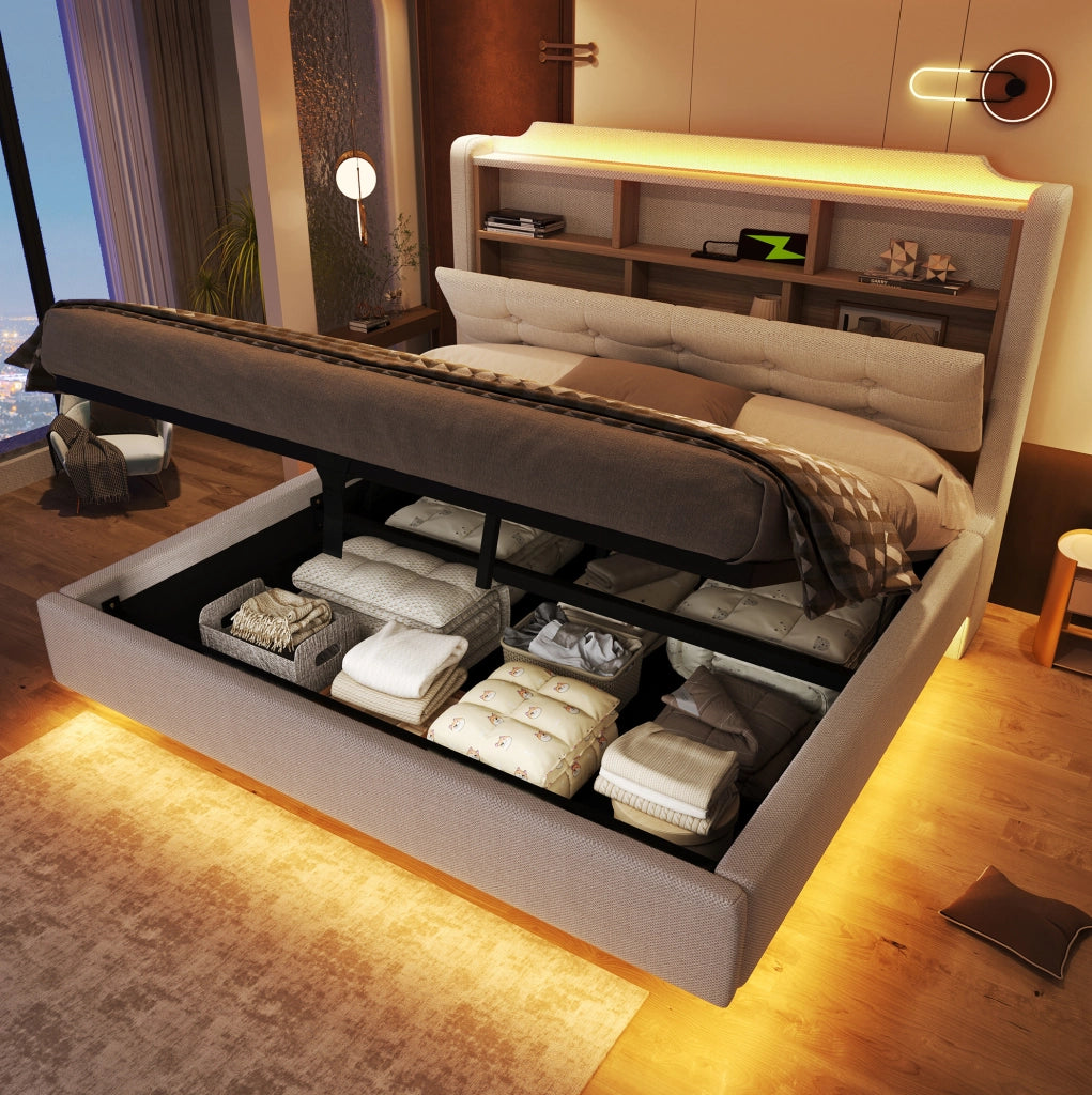 Letto imbottito 140 x 200 cm con LED, contenitore idraulico, USB e Tipo C, beige