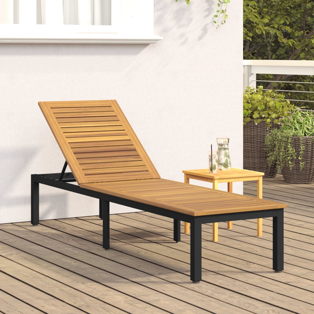 Lettino Prendisole Nero 200x55x35 cm in Legno di Acacia
