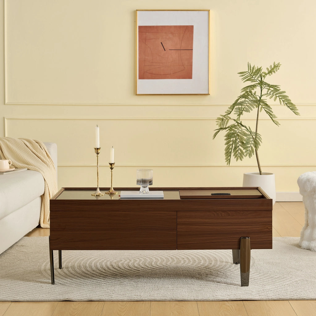Tavolino da Caffè con 2 Cassetti; Piano Scorrevole e Piano in Vetro; Stile Industriale; in MDF; 105×50×41;5 cm; Marrone
