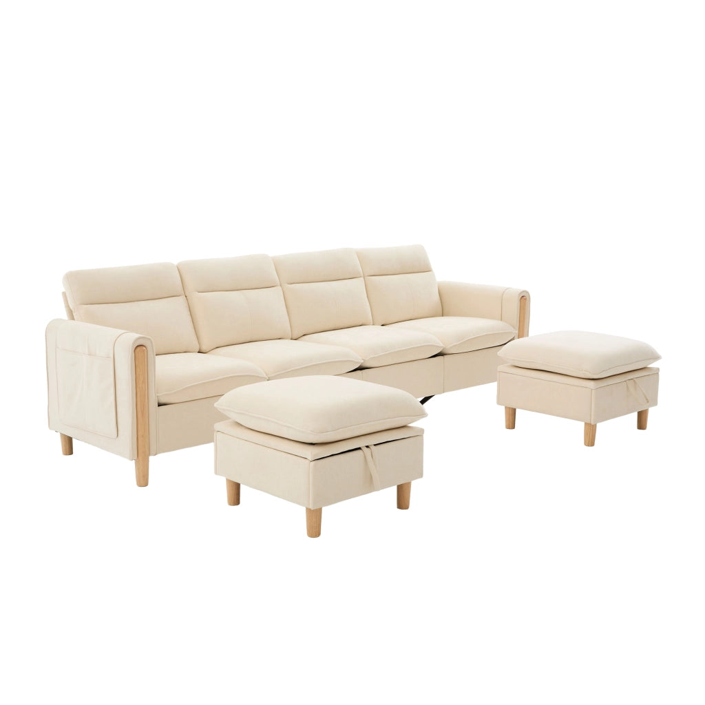 Divano a U modulare per 4 persone con 2 pouf contenitore, tasche laterali e piedi in legno massello in ciniglia beige