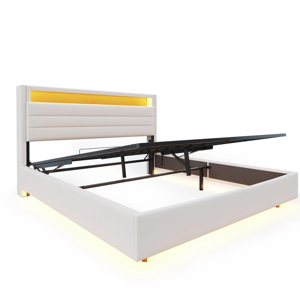 Letto imbottito matrimoniale 140x200 cm con contenitore idraulico; USB e luci LED; beige