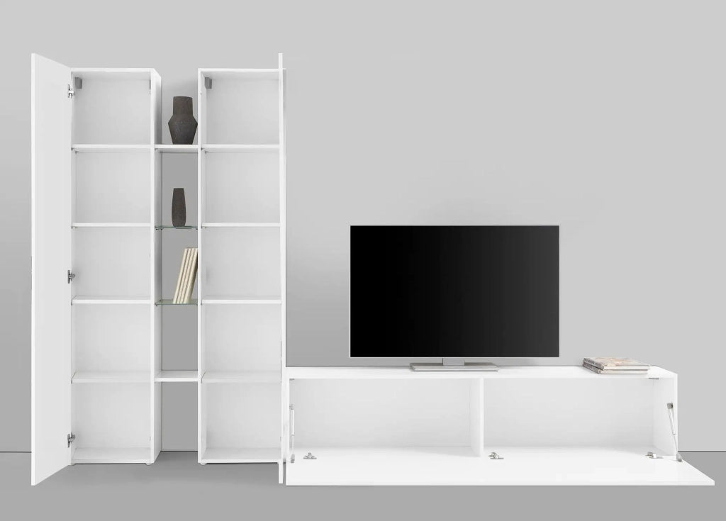 Parete attrezzata bianca mobile TV basso 4 mensole 2 armadi Sage WH