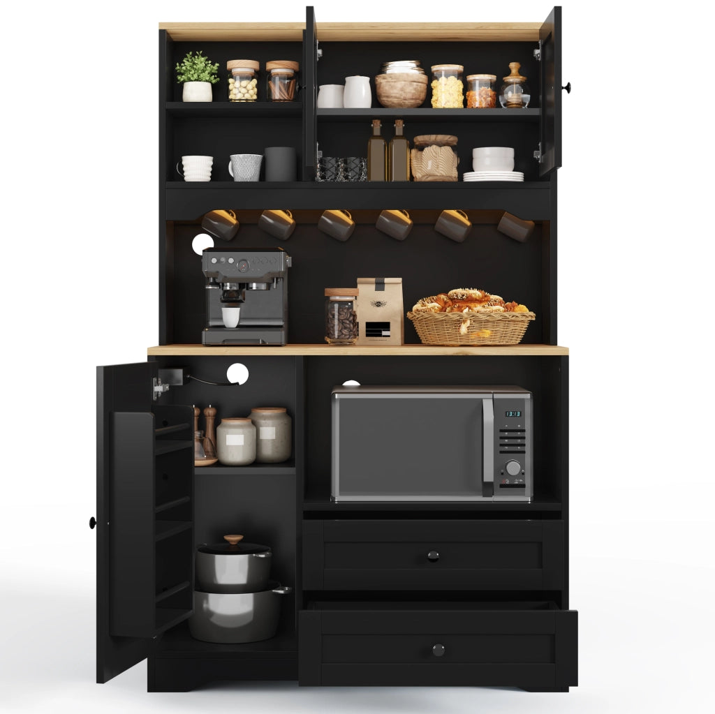 Credenza cucina nera 100×40×163 cm con LED, presa USB e vano microonde