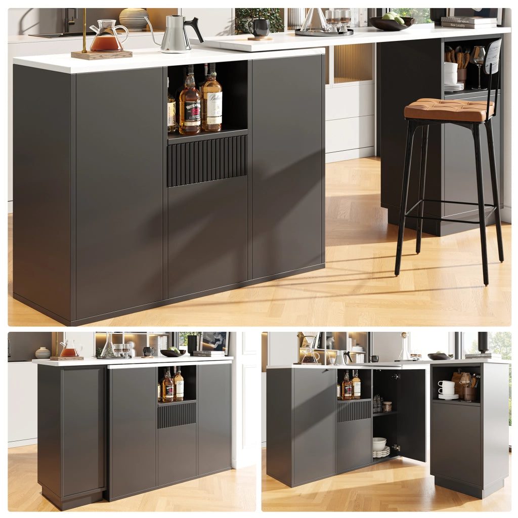 Mobile bar girevole a 360° con struttura a L e lineare piano effetto marmo vani aperti e chiusi in MDF nero